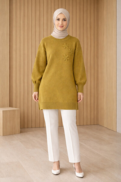 Kirazgym Women's Floral Patterned Stoned Soft Knitwear Sweater Tunic Oil Green