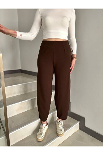 Sude Kızanlıklı Pantaloni din țesătură creponată cu talie elastică