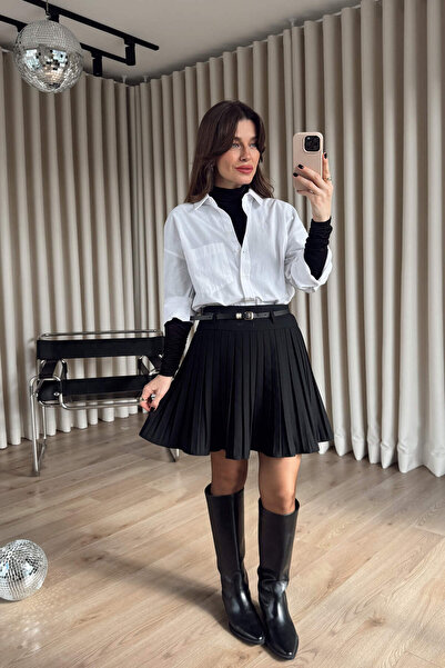 Sue Store Black Pleated Belted Mini Skirt