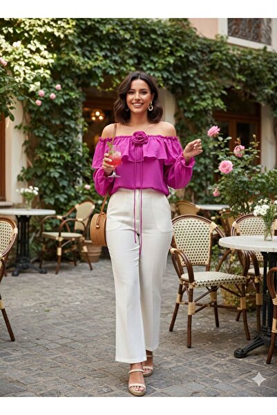 marvion Kadın Straplez Yaka Gül Detaylı Fırfırlı Sifon Bluz