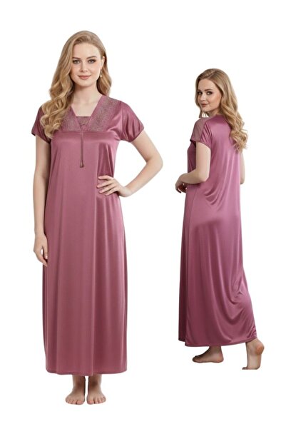 Comfort Women Dusty Pink Satin Maxi Nightgown Silky Sleep Dress with Lace Yoke