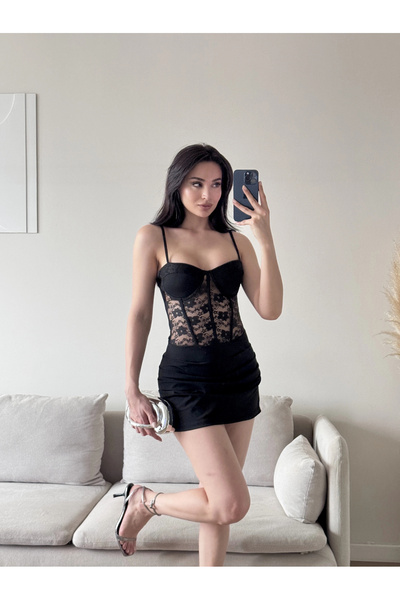 Zoom Butik Bel Korse Dantel Detay Elbise - SİYAH