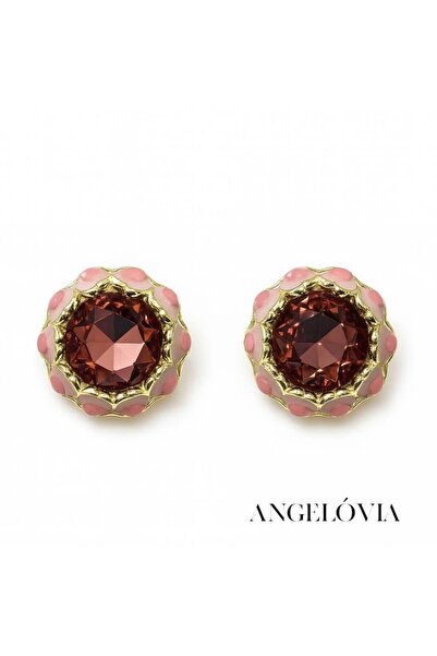 Angelovia Brown Stone Steel Earrings with Pink Details