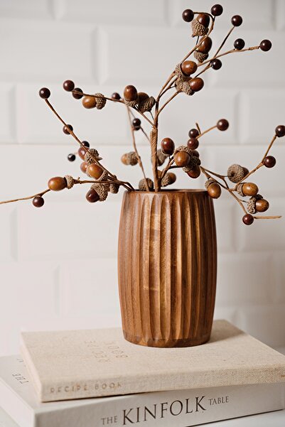 Dekorzdükkan Linea Acacia Striped Vase / Spoon Holder – 10X17 cm