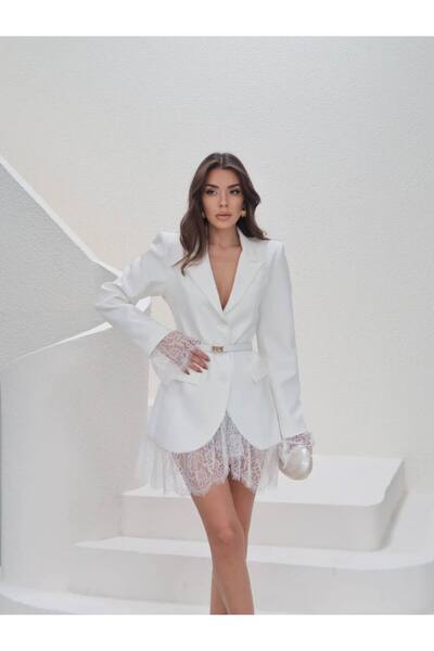 Ellarisse Kadın Beyaz Eteği Dantel Detaylı Kemerli Uzun Kollu Şık Mini Ceket ...