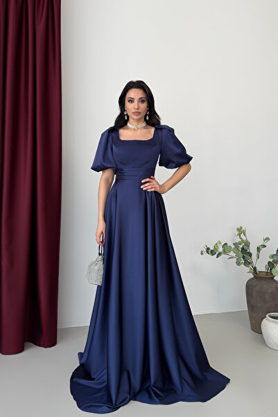 Serica Moda Navy Blue Square Neck Balloon Sleeve Maxi Evening Dress
