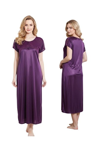 Comfort Women Deep Purple Satin Full Length Nightgown Short Sleeve Sleepwear