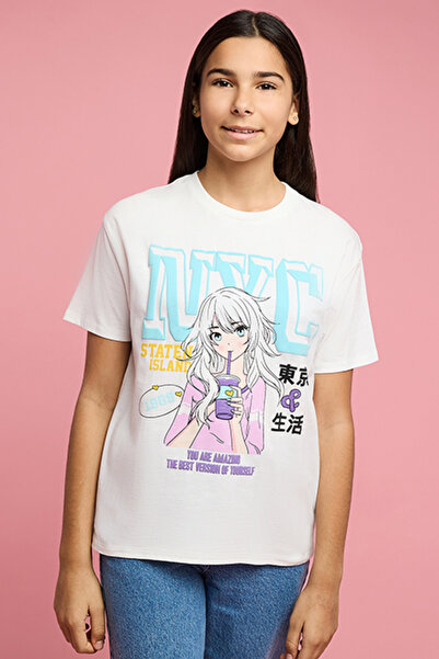 R&B Girl's White Graphic Print T-Shirt with Crew Neck and Short Sleeves