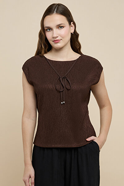 R&B Women's Brown Textured Top with Boat Neck and Extended Sleeves