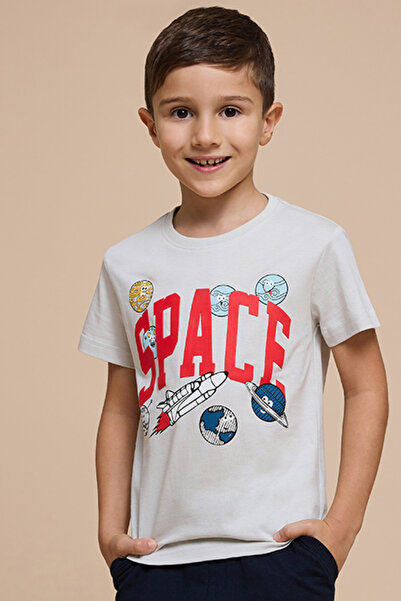R&B Boy's Gray Printed T-Shirt with Crew Neck and Short Sleeves