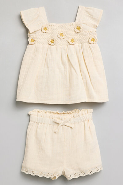 R&B Girl's Beige Appliqued Top and Shorts Set