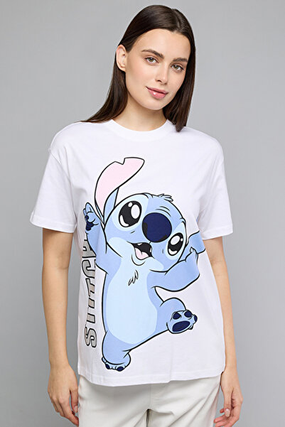 R&B Women's White Stitch Print T-Shirt with Crew Neck and Short Sleeves