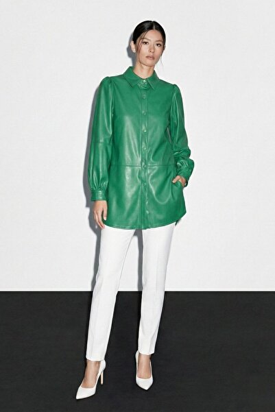 Mizalle Çıt çıtlı Deri Görünümlü Yeşil Gömlek