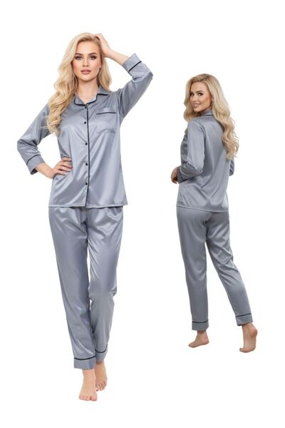 Comfort طقم بيجاما نسائي من الساتان الرمادي الفضي بأزرار أمامية، بتصميم حرير .
