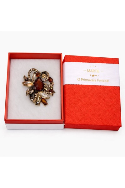 OEM Broșă Elegantă Floare cu Cristale Maro și Accente Aurii – Mărțișor – Acce...