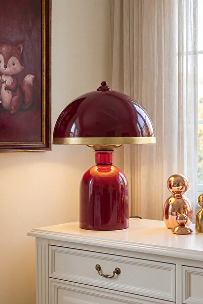 Marrien Luna Golden Abajur | Bordo Metal Gövdeli - 25 cm - Salon Aydınlatma -...