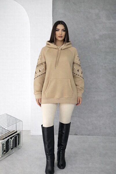 MRDGiyim KAPŞONLU KOLLARI TAŞLI KANGURU CEPLİ ÜÇ İPLİK SWEAT