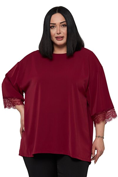 DISENTIS MODEST Plus Size Lace Detailed Half Sleeve Burgundy Blouse