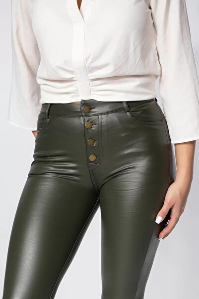 Zaira Women's Padded Faux Leather Pants Elif Khaki #A636 - 2XL