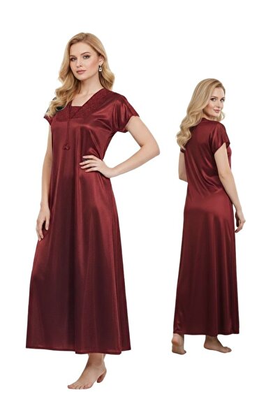 Comfort Women Wine Red Satin Maxi Nightgown Silky Sleep Dress with Lace Neck