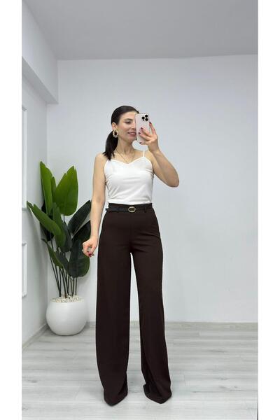 TUNAM BUTİK 9150 lycra side zippered belted palazzo pants - dark brown