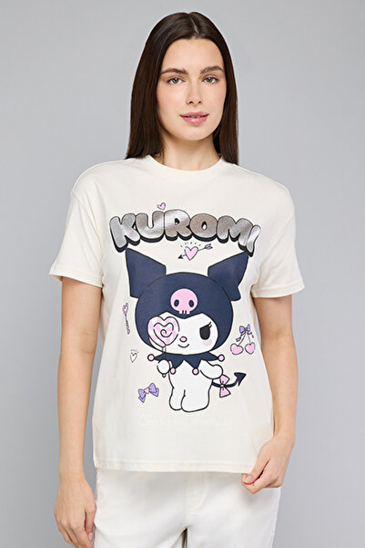 R&B Women's Cream Kuromi Print T-Shirt with Crew Neck and Short Sleeves