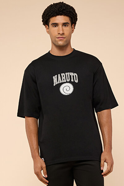 R&B Men's Black Typography Print T-Shirt with Crew Neck and Short Sleeves