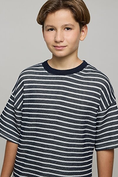 R&B Boy's Dark blue Striped T-Shirt with Crew Neck and Short Sleeves