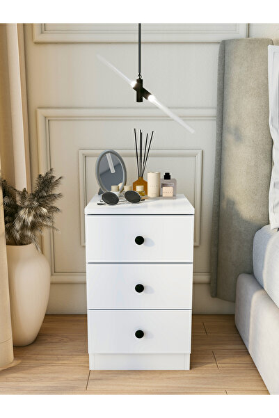 MONTENERO Komodin Parlak Beyaz 3 Çekmeceli Modern Bazalı Dar Komodin Yatak Odası