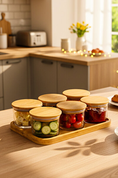 Snippy Feel - 6'lı Cam Kahvaltılık Dikdörtgen Tepsili Bambu Vakumlu Kapaklı Ç...