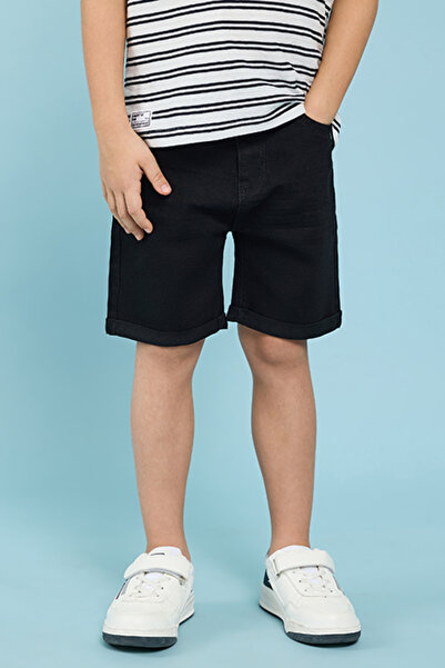 R&B شورت دنيم أسود سادة للأولاد مع إغلاق بأزرار