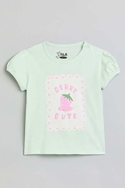 R&B Girl's Blue Printed Top with Crew Neck and Puff Sleeves
