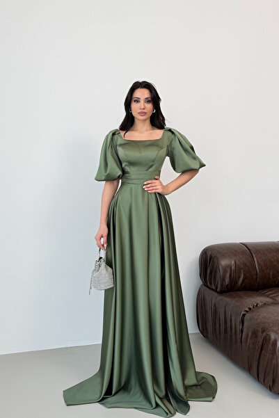 Serica Moda Khaki Square Neck Balloon Sleeve Maxi Evening Dress