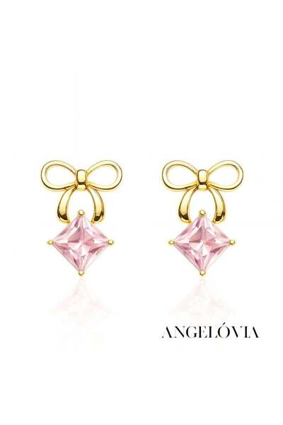 Angelovia Pink Stone Women's Steel Earrings with Bow Detail