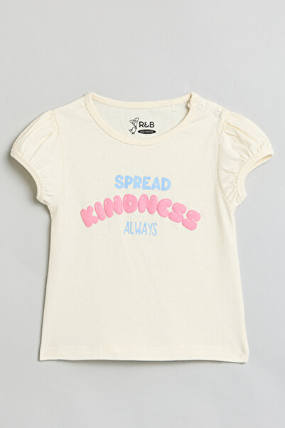 R&B Girl's White Printed Top with Crew Neck and Puff Sleeves