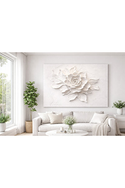 My canvas Modern Beyaz Rölyef Efekt Görünümlü Çiçek Tablosu | Büyük Boy Çerçe...