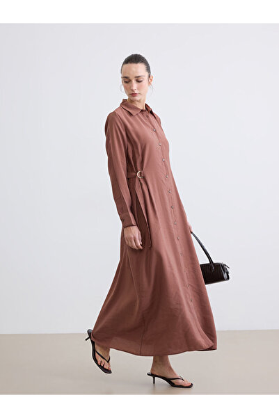 LC Waikiki Lcw Everyday Brown Modal Mixed Belt Detail Shirt Dress