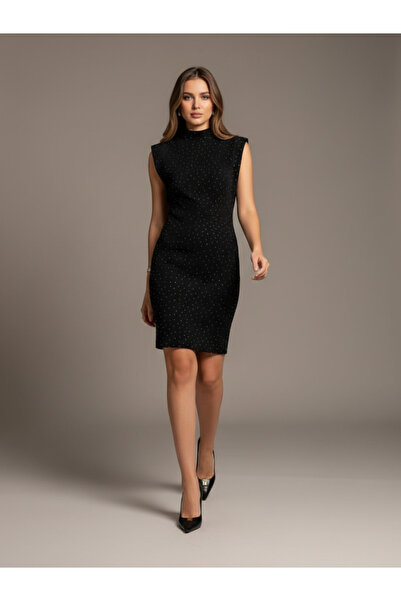 Chamakh Women's High Neck Stone Detailed Short Dress Black