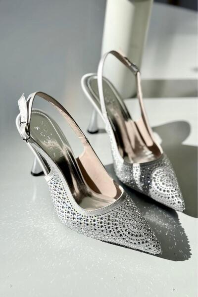 yezy shoes Stone Detailed Satin Thin Heeled Shoes Women's Stiletto