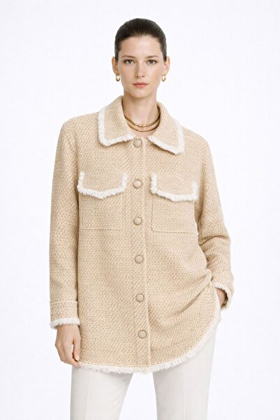 Mizalle Püsküllü Bej Beyaz Tüvit Dokuma Tunik