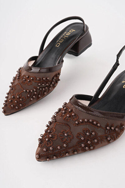 bakacstore Kadın Kahverengi Nakışlı Ve Boncuklu Topuklu Ayakkabı