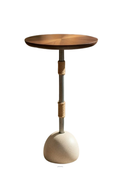 CN A wooden serving table with a geometric design and a sturdy iron base.