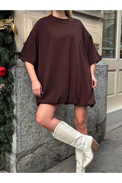 bysoca Women's Bitter Brown Crew Neck Short Sleeve Off Shoulder Oversized Sho...