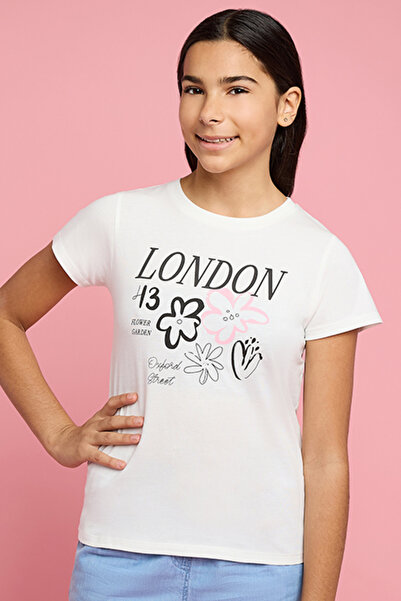 R&B Girl's White Typography Print T-Shirt with Crew Neck and Short Sleeves