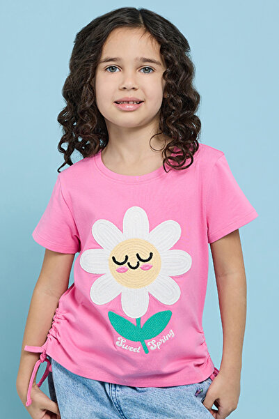 R&B Girl's Pink Embroidered T-Shirt with Crew Neck and Short Sleeves