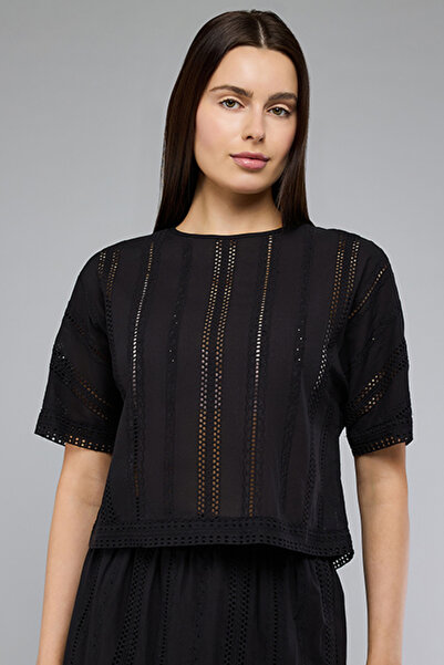 R&B Women's Black Openwork Top with Crew Neck and Short Sleeves