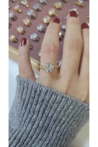 GUNESTAKI Premium Gold Kenarları Taşlı Yuvarlak Tek Taş Yüzük Numarasız Ayarl...