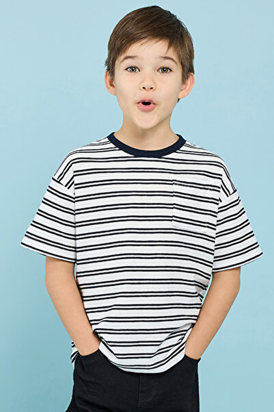 R&B Boy's Cream Striped T-Shirt With Crew Neck And Short Sleeves