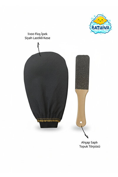 bathiva %100 Floş İpek Siyah Lastikli Banyo Kesesi Peeling Eldiveni ve Ahşap ...