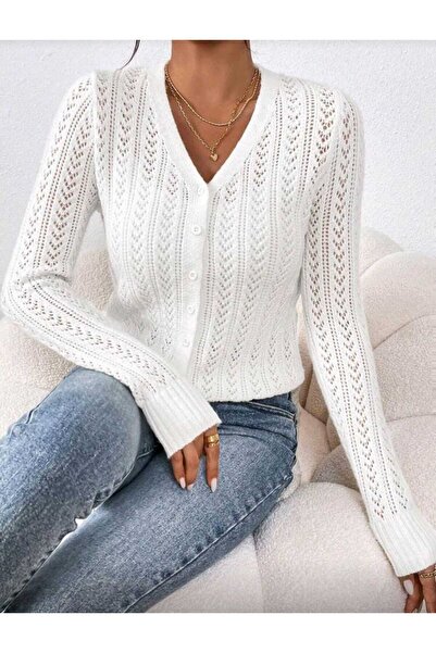 Bracha Openwork Pattern Button Detailed V-Neck 100% Cotton Knitwear Cardigan